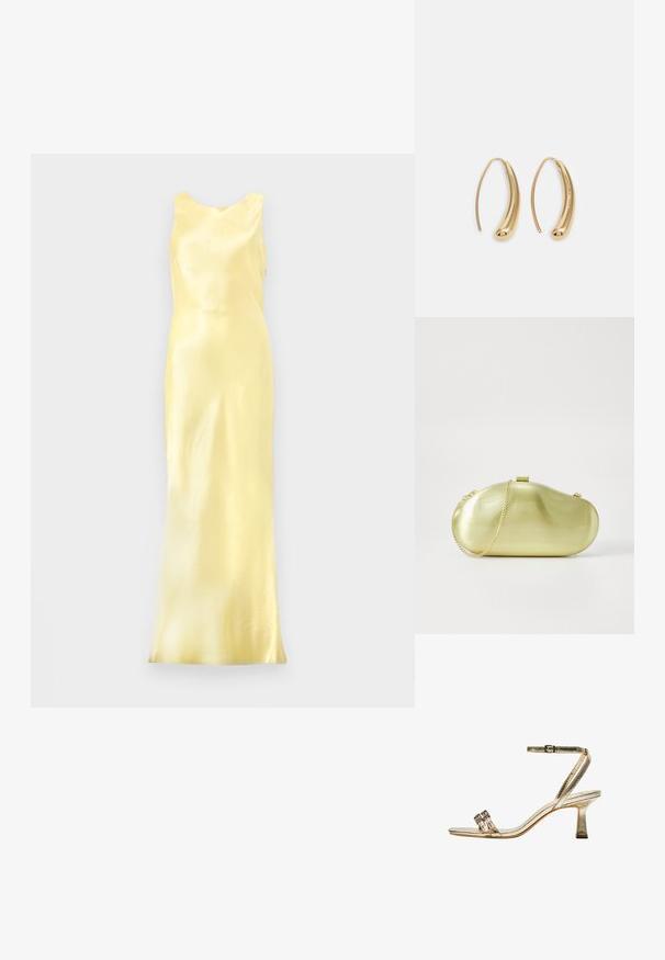 Satin yellow evening dress with a sleeveless design, scoop neckline, and a form-fitting silhouette, showcasing a smooth, glossy texture.; Golden metallic high-heeled sandal with ankle strap, two narrow front bands, and a block heel. Features decorative embellishments.; Metallic gold clutch bag with a rounded, elongated shape, featuring a chain strap and a clasp closure. Smooth, reflective surface texture.; Gold-tone metal hoop earrings with a curved, elongated shape. Features a smooth, shiny surface and a rounded tip for added detail.