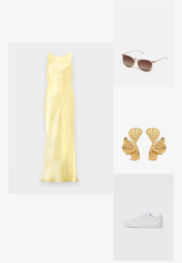 Sukienka wieczorowa z satyny w kolorze żółtym, bez rękawów, z okrągłym dekoltem i przylegającym krojem, prezentująca gładką, błyszczącą fakturę.; Białe niskie trampki Puma z zapięciem na sznurowadła, subtelnym logo po bokach oraz podeszwą, a także gładką syntetyczną cholewką, idealne do codziennych stylizacji.; Brązowe okulary przeciwsłoneczne w gradientowym kolorze z przezroczystym różowym ramkiem, w kształcie kwadratu, z cienkimi metalowymi zausznikami. Posiadają zaokrąglone krawędzie i minimalne wykończenie.; Złote kolczyki w kształcie frond muszli, z teksturowanymi, żłobionymi powierzchniami i polerowanym wykończeniem, odpowiednie na różne okazje.