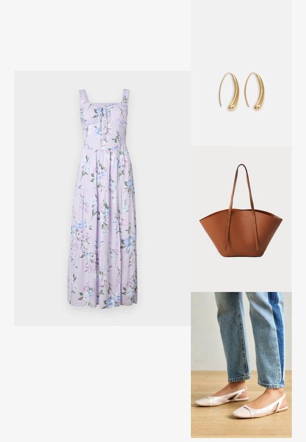 Hollister Co. Hollister Sofia Side-Smocked Maxi Dress - Maksimekko - trifle; Vaaleanpunaiset slingback-ballerinat, joissa on terävä kärki, valmistettu sileästä nahkamaisesta materiaalista. Sivujen leikkuuyksityiskohdat ja tasapohja.; Ruskea nahkabandi, jossa on leveä, jämäkkä muoto, ohuet kahvat ja teksturoitu pinta. Minimalistinen muotoilu, jossa ei ole näkyvää metalliosaa.; Korvakorut kultasävytteistä metallista, joissa on kaareva, pitkänomainen muoto. Ominaisuuksiin kuuluu sileä, kiiltävä pinta ja pyöreä kärki lisäyksinä.