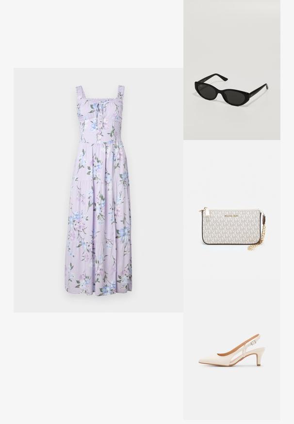 Hollister Co. Hollister Sofia Side-Smocked Maxi Dress - Maxi ruha - trifle; Fehér slingback sarok, hegyes orral, sima felső anyaggal, alacsony blokk sarkával és oldalsó kivágott dizájnnal, állítható csatpánttal.; Fekete napszemüveg, keskeny, macska szem formával. Simább műanyagból készült, sötét lencsékkel és diszkrét logó részletekkel az oldalsó részeken.; Michael Kors bézs bevonatos vászon karkötő, amely ismétlődő MK logó mintával, aranyszínű fémrészletekkel és levehető lánchordóval rendelkezik.