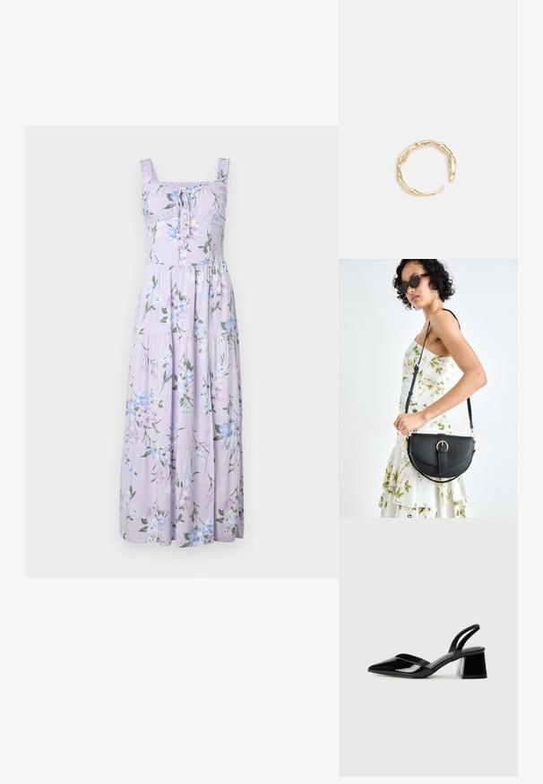 Hollister Co. Hollister Sofia Side-Smocked Maxi Dress - Maxikjoler - trifle; Sorte patentlæder slingback hæle med spids tå og en geometrisk blok hæl. Har et elegant, minimalistisk design og en glat tekstur.; Sort læderhåndtaske med en buet form, aftagelig rem og guldfinish. Tasken har en klap med en spænde detalje.; Guld-tone ring med et organisk, snoet design, glat overflade og affasede ender, hvilket skaber et moderne, skulpturelt udseende.