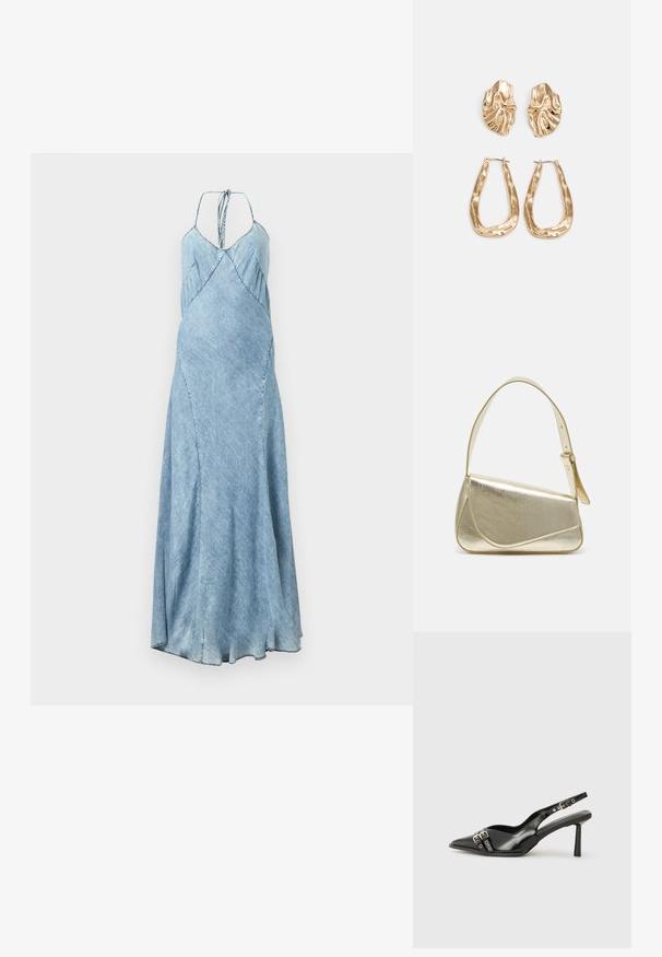 Farmer nadrág színű ruha világoskék árnyalatban, spagetti pántokkal, A-vonalú szabással, és finom redőzéssel a mellrészen. Hosszú, lágy esésű sziluett.; Fekete lakk bőr, hegyes orrú slingback cipő, boka pántokkal, ezüst csatokkal és hardverelemekkel, valamint karcsú sarkú.; Arany fémes kézi táska, strukturált dizájnnal, sima felülettel és állítható pánttal. Egyedi háromszög alakú, minimalistának mondható varrásokkal rendelkezik.; Aranyszínű fülbevalók, texturált, hullámos formákkal. Tartalmazza a szobrászati klipszes studokat és az open hoop kialakítást, kalapácsos felülettel.