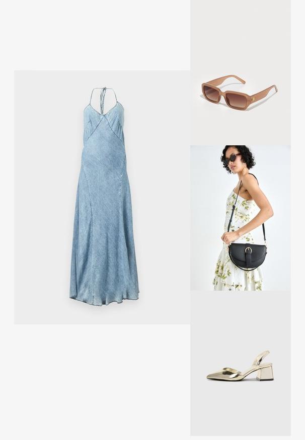 Džínové šaty s jasně modrým odstínem, s ramínky typu spaghetti, A-liniovým střihem a jemným skladem po celé jeho délce. Dlouhá, splývavá silueta.; Kovové zlaté pantofle na podpatku s špičatou špičkou a masivním podpatkem. Hladký povrch, minimalisticý design a úzký pásek.; Hnědé obdélníkové sluneční brýle s gradientovými skly, silnými rámy a logem na bocích. Hladký plastový materiál, minimalistický design.; Černá kožená kabelka s křivkovým tvarem, odnímatelným popruhem a zlatými detaily. Kabelka má klopu s přezkou.