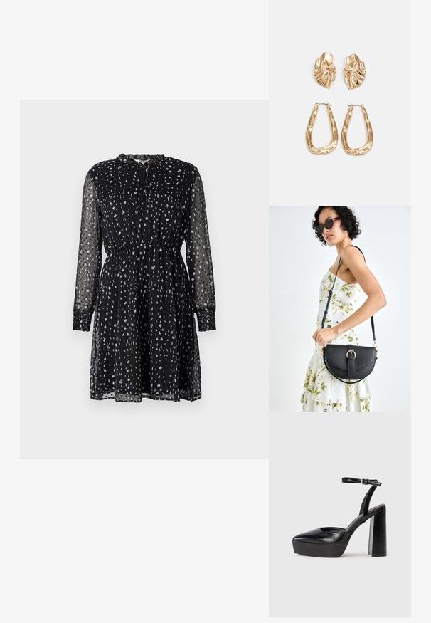 Črna dolga obleka z dolgimi rokavi iz prosojne tkanine; ima ohlapen kroj, nabran pas in belo raztresene pike. Detajl z odprtino pri vratu.; Črne platforme z visokimi petami in koničastim nosom ter nastavljivim gležnjenjskim trakom. Narejene iz gladke usnje, s kockasto peto.; Črna usnjena torbica s ukrivljeno obliko, z odstranljivo naramnico in zlatimi dodatki. Torbica ima pokrov s podrobnostmi v obliki zaponke.; Zlato obarvani uhani z teksturiranimi, valovitimi oblikami. Vključujejo skulpturalne sponke za ušesa in odprto obliko obročka s kladivastim finišem.