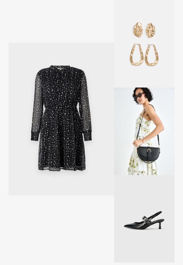 Rochie neagră, cu mâneci lungi, din material transparent; are o croială lejeră, talie strânsă și un model cu puncte albe împrăștiate. Detaliu cu decupaj în forma de cheie la gât.; Sandale cu toc din piele patent neagră, cu vârful ascuțit și un toc mic bloc, având un accent cu cataramă argintie pe curea.; Geantă din piele neagră, cu o formă curbată, curea detașabilă și accesorii aurii. Geanta are un capac cu un detaliu tip cataramă.; Cercei aurii cu forme texturate și ondulate. Include studs sculpturale cu clip și un design de cerc deschis cu un finisaj cioplit.