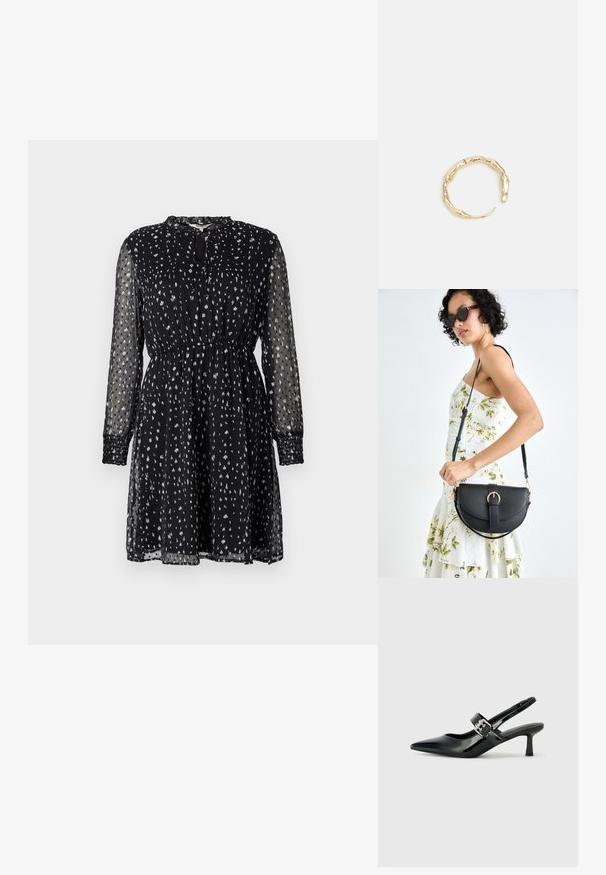 Črna dolga obleka z dolgimi rokavi iz prosojne tkanine; ima ohlapen kroj, nabran pas in belo raztresene pike. Detajl z odprtino pri vratu.; Črne patent usnjene slingback pete s koničastim nosom in majhnim blok peto, ki vključujejo srebrno zaponko na traku.; Črna usnjena torbica s ukrivljeno obliko, z odstranljivo naramnico in zlatimi dodatki. Torbica ima pokrov s podrobnostmi v obliki zaponke.; Zlati prstan s organskim, zvitim dizajnom, gladko površino in taperiranimi konci, ki ustvarja modernega, skulpturalnega videza.