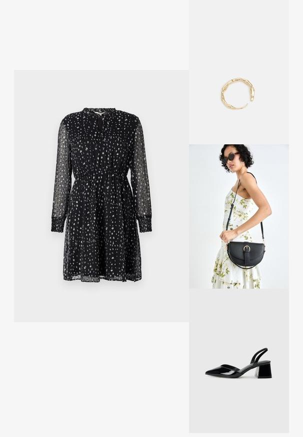 Vestido negro de manga larga hecho de tela transparente; presenta un corte amplio, cintura fruncida y un patrón de puntos blancos dispersos. Detalle de escote con forma de llave.; Zapatos de tacón slingback de charol negro con punta afilada y tacón geométrico en bloque. Presentan un diseño elegante y minimalista, así como una textura suave.; Bolso de piel negra con forma curva, correa desmontable y herrajes dorados. El bolso cuenta con una solapa con un detalle de hebilla.; Anillo en tono dorado con un diseño orgánico y retorcido, con una textura suave y extremos cónicos, creando una apariencia moderna y escultórica.