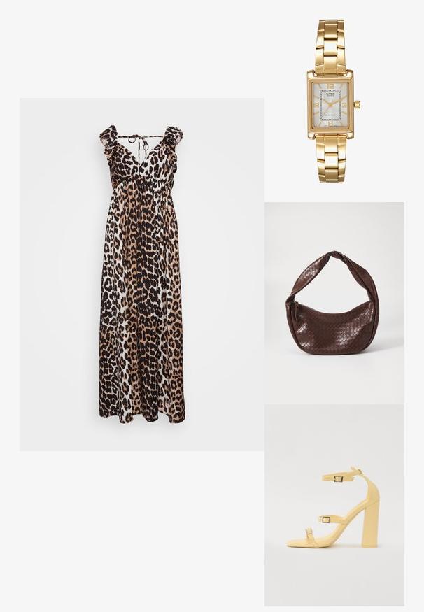 Vestido maxi com padrão de estampa de leopardo em tons de castanho e preto, com alças de ombro volantadas e decote em V. Feito de um tecido leve.; Sandálias amarelas de salto bloco com três correias ajustáveis, design de bico quadrado, material sintético liso e fivelas em tom prateado.; Bolsa de mão em pele trançada castanha com uma alça curva e atada e um fecho com zíper. Textura suave e forma arredondada.; Relógio de pulso retangular em tom de ouro com um mostrador branco, marcadores de horas em tom de prata e uma pulseira de metal resistente. Inclui função de resistência à água.