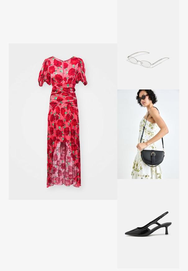 Raudona gėlėta suknelė su pūkuotomis rankovėmis, susiraukšlėta liemene ir sluoksniuota sijonu. Turinti permatomą apatinę dalį su rožių raštu rožiniame fone.; Juodos slingback aukštakulnės bateliai su smailiu noseliu, pagaminti iš blizgaus medžiagos, su išpjovomis ir vidutiniu kulnu komfortui.; Ovalios akiniai su metaliniu sidabriniu rėmu, skaidriais objektyvais ir tekstūruotais karoliukų akcentais ant šventyklų. Lengvas dizainas su kreivomis šakėmis.; Juodas odinis krepšys su išlenkta forma, nuimamu dirželiu ir auksiniais detalėmis. Krepšys turi kilpą su sagtimi.