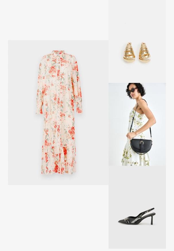 Krém színű, piros és zöld virágmintás, közép hosszúságú ruha. Gombos előlappal, hosszú ujjakkal és réteges szegéllyel rendelkezik. Könnyű anyagból készült.; Fekete lakk bőr, hegyes orrú slingback cipő, boka pántokkal, ezüst csatokkal és hardverelemekkel, valamint karcsú sarkú.; Fekete bőrtáska ívelt formával, levehető pánttal és arany színű fémrészekkel. A táskán egy csattal díszített fedél található.; Arany színű fülbevalók, amelyek hosszúkás kúp alakúak, spirális díszítéssel. Simább felület, tükröződő fényességgel, ívelt részletekkel.