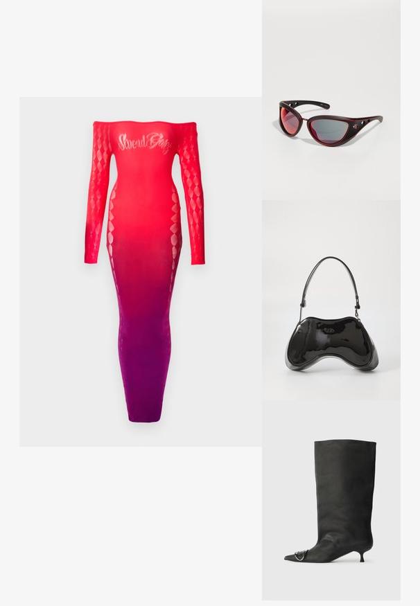 Sinead Gorey DIAMOND SEAMLESS DRESS - Day dress - red/purple; Black leather ankle boot with a pointed toe, small heel, and metallic accent detail on the toe. Smooth, matte texture throughout.; Black and red sunglasses with a bold, cat-eye shape. Textured matte frames and reflective lenses with slight tint. Includes cutouts on arms.; Black patent leather handbag with a unique curved shape, short adjustable handle, and a zippered top. Smooth texture with subtle branding.