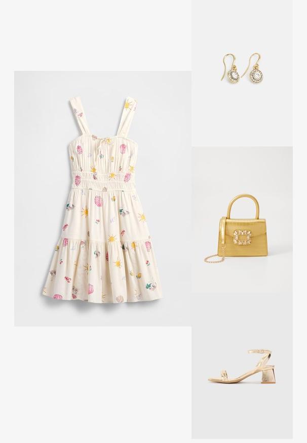 Svetlo béžové šaty s tenkými ramienkami, nariaseným živôtikom, viaczónovou sukňou a farebnými motívmi mušlí a slnka. Vyrobené z mäkkej tkaniny s voľným strihom.; Zlaté metalické sandále na podpätku s uhlovým blokovým podpätkom, dvoma pásikmi cez nohu a nastaviteľným pásikom okolo členka. Hladká textúra.; Žltá falošná krokodília kabelka so štruktúrovaným dizajnom, horným držadlom, odnímateľným reťazovým popruhom a dekoratívnym kryštálovým ozdobením na zapínaní.; Náušnice zlatého odtieňa s oválnymi čírymi kryštáli obklopenými menšími čírými kameňmi, s háčikovým dizajnom pre bezpečné nosenie.