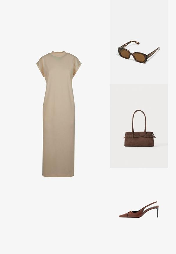 Beige, knä-lång klänning av mjukt tyg. Har rund halsringning och korta, rullade ärmar. Enkel, rak skärning.; Brun läder slingbackklack med spetsig tå, utskärning vid framv delen och en elegant stilettklack. Slät yta.; Sköldpaddsmönstrade solglasögon med en rund, kraftig ram och bruna linser. Har subtila mönster och raka, avsmalnande skalmar.; Brun mockaskinnväska med två robusta handtag, rektangulär form och dekorativ remdetalj över framsidan.