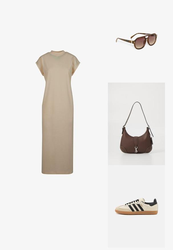 Abito beige fino al ginocchio realizzato in tessuto liscio. Presenta un colletto rotondo e maniche corte arrotolate. Design semplice e lineare.; Scarpa sportiva beige con strisce nere, suola in gomma naturale e dettagli neri. Presenta una tomaia in pelle liscia e un design a punta arrotondata.; Occhiali da sole tartarugati con lenti sfumate, forma angolare e dettagli dorati sulle aste, caratterizzati da una finitura lucida e elegante.; Borsa a tracolla in pelle marrone con forma arrotondata, accessori in argento e cuciture decorative. Presenta una tracolla e una chiusura a scatto.