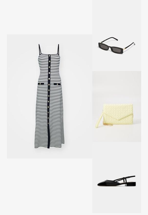 Abito midi a righe in bianco e nero con spalline sottili, bottoni dorati lungo la parte anteriore e due tasche frontali bordate di nero.; Ballerine slingback in pelle nera con punta a punta, vampiro chiuso e cinturino alla caviglia regolabile. Presentano un tacco quadrato basso. Texture liscia.; Occhiali da sole neri rettangolari con lenti scure, montatura in plastica lucida e accenti dorati sulle tempie. Design minimalista e forma elegante.; Borsetta a clutch gialla in tessuto intrecciato con design a pattina, tracolla rimovibile e accentuazione in catena dorata. Texture liscia e forma rettangolare.