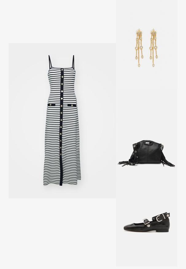 Črtasta midi obleka v črni in beli barvi z ozkimi naramnicami, zlatimi gumbi po sprednji strani in dvema sprednjima žepoma, obrobnima s črno.; Črne lakaste balerinke s kvadratnim prstom, trakovi okrog gležnja z zlatimi dodatki in ravnim podplatom. Gladka tekstura z minimalističnim dizajnom.; Maje MISS MINI - Torba čez telo - noir; Zlato-tonirane uhane z več kaskadnimi verigami, ki vključujejo prozorne ovalne kamenčke in okrasne zgornje dele.