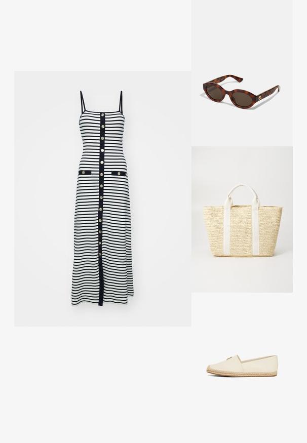 Gestreepte midi-jurk in zwart en wit met smalle bandjes, gouden knopen aan de voorkant en twee voorzakken omrand met zwart.; Crèmekleurige espadrille instapschoen met een geweven jute zool, voorzien van een ronde neus en een subtiele decoratieve accent aan de zijkant.; Schildpadbril met ronde montuur, donkere lenzen en gouden logo-detailering op de achterste pootjes. Glad kunststof materiaal, zonder zichtbare patronen.; Geweven rieten draagtas in natuurlijk beige, met witte stoffen handvatten met reliëfaccenten, gestructureerde vorm en open bovenkant.