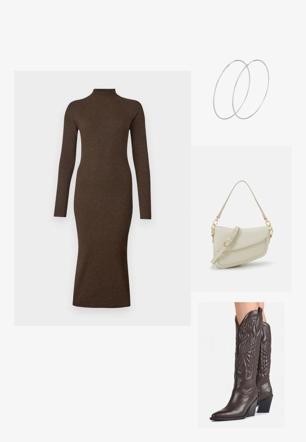 Langärmliges, geripptes Kleid in Dunkelbraun. Hoher Kragen und figurbetonte Silhouette, die bis zur Midi-Länge reicht. Glatte Textur mit dezentem Stretch.; Braune Leder-Cowboy-Stiefel mit spitzem Punkt und Blockabsatz, die über detaillierte Stickereien und hervorgehobene Akzente am Schaft verfügen.; Kleine cremefarbene Handtasche mit strukturiertem Finish, einem langen verstellbaren Tragegurt, einem Kettenakzent und einem Klappenverschluss. Goldene Hardware-Details.; Silberne Creolen mit minimalistischem Design. Rundform, glatte Oberfläche und dünnes Profil. Leichtgewichtig mit hochglänzender Oberfläche.