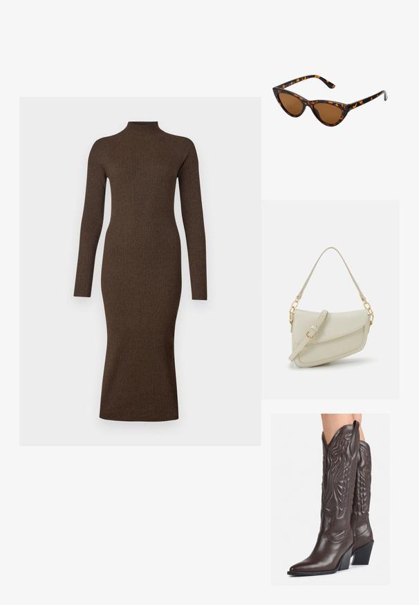 Ilgų rankovių, banguotas suknelė tamsiai rudos spalvos. Aukšta apykaklė ir prigludusi siluetas, besitęsiantis iki midi ilgio. Vientisa tekstūra su lengvu tamprumu.; Rudos odinės kaubojaus batai su smailiu priekiu ir blokuotu kulnu, pasižymintys detaliu siuvinėjimu ir iškiliais akcentais ant ašies.; Katės akies saulės akiniai su juodu ir oranžiniu šarvuotu rėmeliu, ruda objektyvu ir elegantiškais, smailiais galiukais. Rėmelyje yra minimalus logotipas ant šventės.; Mažas kreminis rankinukas su tekstūruotu paviršiumi, ilga reguliuojama juostele, grandinėle ir užsegimu su atvartu. Aukso detalės.
