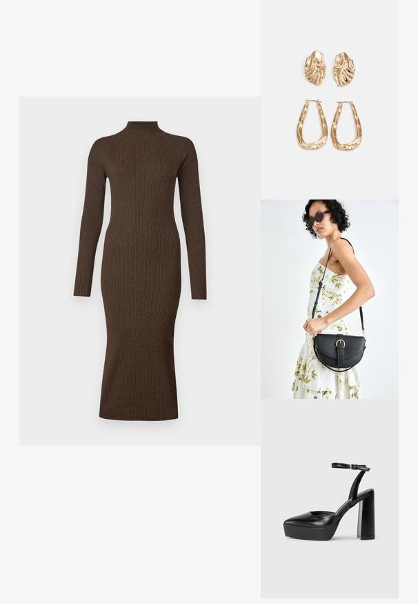 Vestido de manga longa e canelado em castanho escuro. Gola alta e silhueta justa, estendendo-se até ao comprimento midi. Textura suave com um leve elástico.; Saltos altos pretos com bico fino e atilho ajustável no tornozelo. Confeccionados em couro suave, apresentam um salto bloco robusto.; Bolsa de couro preta com forma curva, alça destacável e detalhes em dourado. A bolsa possui uma aba com detalhe de fivela.; Brincos em tom de ouro com formas onduladas e texturizadas. Inclui studs escultóricos com presilha e um design de argola aberta com um acabamento martelado.