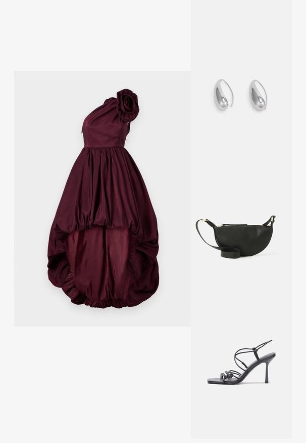 Burguundi ühe õla kleit lilleaktsendiga, sobitatud kehas, ja lohisev alus, mis koguneb alumises osas, näidates sujuvat tekstuuri.; Mustad musta värvi kontsandaalid on varustatud peente rihmadega, millel on sõlmekujundus, siledad ruudukujulised varbad ja stiilne stilettokonts.; Mustmust kott poolkuu kuju, tekstuurse pinnaga, kuldne tõmblukk ja lame rihm. Kompaktne disain, mis sobib igapäevaste essementide jaoks.; Hõbedased rõngas kõrvarõngad, millel on sujuv, tilga kuju ja kõrgläikega viimistlus, omades kaardus disaini ja ümarate servadega.