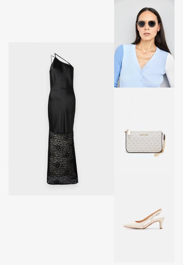 Fekete ruha, melynek selyemfelsője egyvállas kialakítású, és csipkés szoknyával rendelkezik, részletes virágmintákkal és félig átlátszó textúrával az alján.; Fehér slingback sarok, hegyes orral, sima felső anyaggal, alacsony blokk sarkával és oldalsó kivágott dizájnnal, állítható csatpánttal.; Kerek napszemüveg sötét lencsékkel és arany kerettel. A modellen világoskék, bordázott kardigán van gombokkal és kontrasztos fehér ujjaival.; Michael Kors bézs bevonatos vászon karkötő, amely ismétlődő MK logó mintával, aranyszínű fémrészletekkel és levehető lánchordóval rendelkezik.
