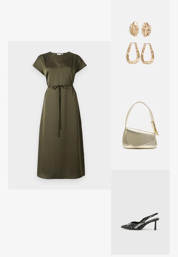 Olivgrön, knälång klänning med korta ärmar, V-ringning och midjeband. Tillverkad av ett slätt tyg med avslappnad passform och subtil lyster.; Svart lackläder slingbacksko med spetsig tå, ankelremmar med silverfärgade spännen och detaljer samt en smal klack.; Guldfärgad metallhandväska med en strukturerad design, slät textur och justerbar rem. Har en unik triangulär form och minimalistisk sömnad.; Örhängen i guldton med texturerade, vågiga former. Inkluderar skulpturala clip-on-stift och öppen hoop-design med hamrad finish.