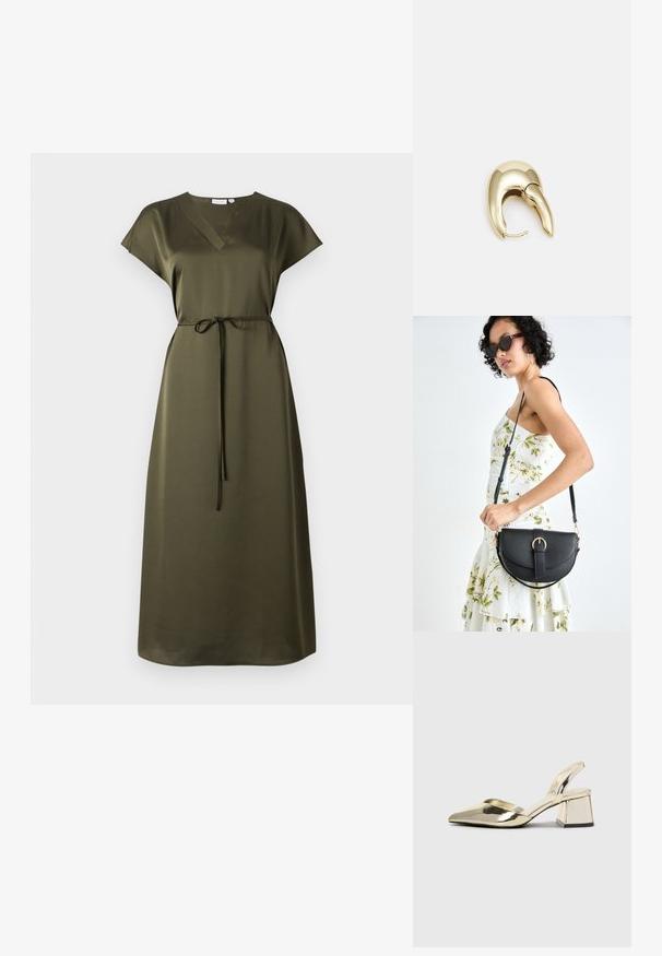 Olivenfarget, knelang kjole med korte ermer, V-hals og midjebånd. Laget av glatt stoff med en avslappet passform og subtil glans.; Gull, metallisk slingback-hæler med spiss tå og chunky hæl. Glatt tekstur, minimalistisk design og en smal stropp.; Svart lærveske med en buet form, avtagbar stropp og gullbeslag. Vesken har et klaff med spenne-detall.; Gullfarget metalløredobber med et elegant, buet design. Har en karakteristisk spiss form, polert overflate og hengsel-lukking.