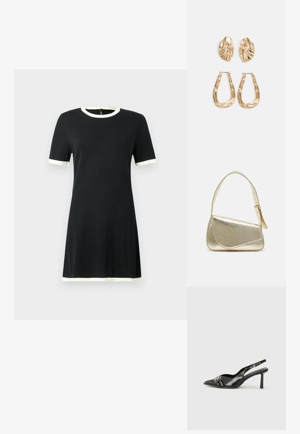 Čierne šaty s krátkym rukávom a kontrastným bielym lemovaním na golieri a rukávoch. Vyrobené z jemnej tkaniny, s jednoduchým, priamym strihom.; Čierne lakované kožené slingback topánky s špicatou špičkou, remienkami okolo členku s striebornými prackami a hardvérom, a štíhlým podpätkom.; Zlatá metalická kabelka so štruktúrovaným dizajnom, hladkou textúrou a nastaviteľným popruhom. Obsahuje jedinečný trojuholníkový tvar a minimalistické šitie.; Náušnice v zlatej farbe s textúrovanými, vlnitými tvarmi. Obsahujú sochárske klipsové náušnice a otvorený tvar krúžku s kladivkovým povrchom.