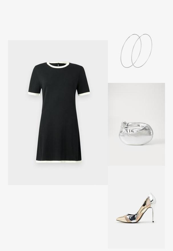 Melna īsām piedurknēm kleita ar kontrastējošu balto apdari apkaklē un piedurknēs. Izgatavota no mīksta auduma, ar vienkāršu, taisnu dizainu.; Apspīlēta augstpapēžu kurpe ar zeltītu, sudrabi un neitrālu krāsu kombināciju. Spīguļojoša virsma ar izgriezuma dizainu, aprīkota ar stiletto papēdi.; Sudraba metāliska poga somiņa ar mīkstu, noapaļotu formu un mezgla augšējo aizdari. Izgatavota no gludas mākslīgās ādas materiāla.; Sudraba gredzenveida auskari ar minimālistisku dizainu. Cirkulāra forma, gluda tekstūra un plāns profils. Vieglu svaru ar spīdīgu apdari.