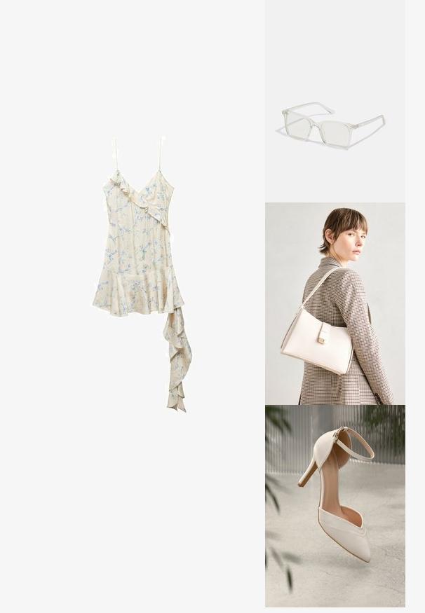 Mango Day dress - off-white; White high-heeled shoe in smooth material with pointed toe and ankle strap. Features a light tan interior and gold-tone hardware accent.; Clear plastic square-frame glasses with translucent lenses, featuring gold accents on the temples for added detail.; White leather handbag with a structured design, featuring a magnetic clasp and a shoulder strap, showcased against a neutral background.