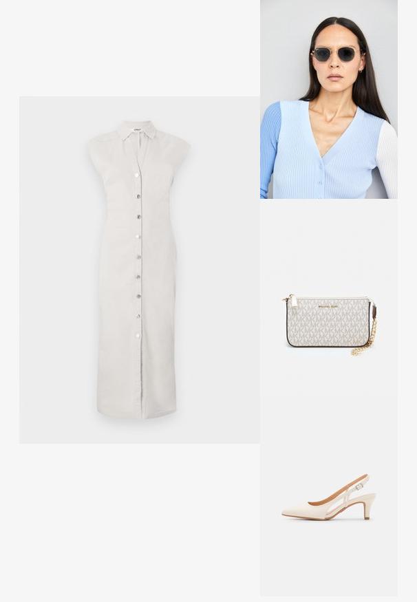 Abito camicia grigio chiaro, fino al ginocchio, realizzato in tessuto con chiusura a bottoni. Presenta un colletto e design senza maniche. Texture liscia, stile minimalista.; Slingback bianco con punta affusolata, materiale superiore liscio, tacco basso a blocco e design con ritagli laterali, dotato di cinturino regolabile con fibbia.; Occhiali da sole rotondi con lenti scure e montatura dorata. Il modello indossa un cardigan leggero azzurro a costine con bottoni e maniche bianche a contrasto.; Wristlet Michael Kors in tela rivestita beige con motivo a logo MK ripetuto, hardware dorato e tracolla a catena staccabile.