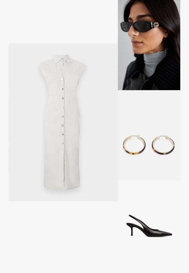Gaiši pelēks, līdz ceļgaliem gari krekls kleita no auduma ar pogu priekšpusi. Iezīmējas ar apkakli un bez piedurknēm. Gluda tekstūra, minimālisma stils.; NA-KD Klasiski papēži - black; Melni saulesbrilles ar gludu taisnstūra formu un zelta logo akcentu uz sāna. Tumši objektīvi un spīdīga apdare ir izceltas.; Zelta toņa riņķveida auskari ar bruņurupuču raksta sveķu ārējo malu, ar gludu apdari un elegantu, apaļu formu.