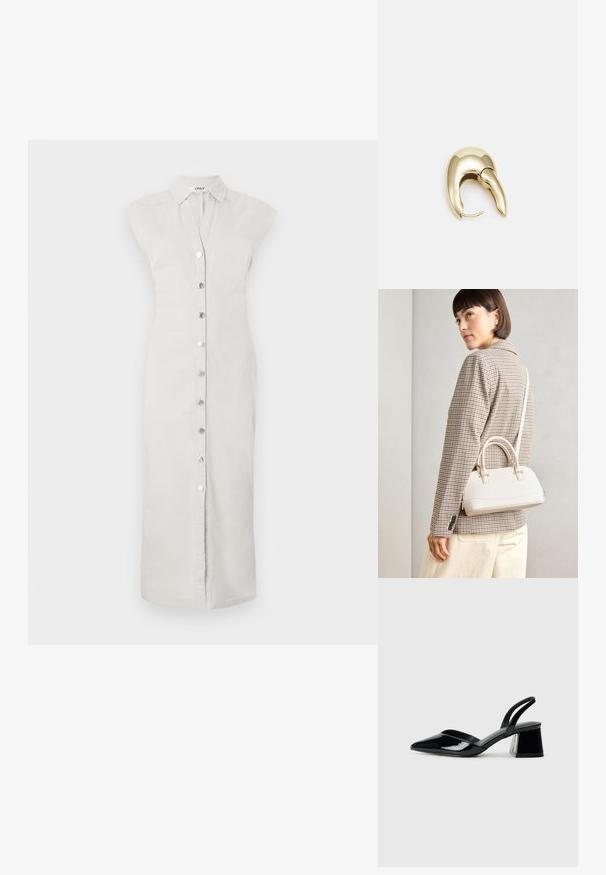 Helehall, põlvekohale ulatuv särk-kleidi, mis on valmistatud kangast ning millel on nööbiga eesmine kinnitamine. Omab kraed ja ilma varrukateta disaini. Sujuv tekstuur, minimalistlik stiil.; Mustad musta lakknahk kingad, millel on terav varvas ja geomeetriline plokkkonts. Omab elegantselt minimalistlikku disaini ja sujuvat tekstuuri.; Valge struktureeritud käekott lühikeste käepidemete ja õlavööga, millel on kuldse riistvara aktsendid ja tekstuuriga materjal, eksponeeritud halli taustal.; Kuldtooni metallist kõrvarõngas, millel on elegantne ja kaarjas disain. Omab silmapaistvat teravat kuju, poleeritud pinda ja hingesulgemist.