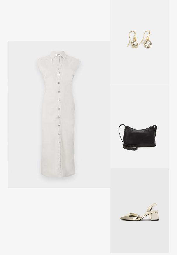 Abito camicia grigio chiaro, fino al ginocchio, realizzato in tessuto con chiusura a bottoni. Presenta un colletto e design senza maniche. Texture liscia, stile minimalista.; Tacchi slingback metallici color oro con punta appuntita e tacco grosso. Texture liscia, design minimalista e una cinghia stretta.; Borsa a spalla in pelle nera con una texture liscia, forma curva, tracolla regolabile e chiusura con zip. Design minimalista senza ornamenti.; Orecchini color oro con cristalli trasparenti di forma ovale circondati da pietre più piccole e trasparenti, dotati di un design a gancio per una vestibilità sicura.