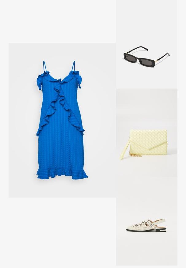 Modrá, textúrovaná šaty s volánovými akcentami, tenkými ramienkami a dĺžkou po kolená. Obsahuje zvlnený vzor pozdĺž prednej a spodnej hrany.; Sandalové topánky so zapínaním vzadu z bielej kože s viacerými širokými popruhmi a striebornými prackami; plochá podrážka s malým čiernym podpätkom a metalickými akcentmi.; Čierne obdĺžnikové slnečné okuliare s tmavými šošovkami, lesklými plastovými rámami a zlatými akcentmi na spánkoch. Minimalistický dizajn a štíhly tvar.; Žltý tkaný clutch peňaženka s preklápacím dizajnom, odnímateľným zápästným remienkom a zlatým reťazovým doplnkom. Hladký povrch a obdĺžnikový tvar.; Zlaté kruhové náušnice s hladkým, zaobleným dizajnom. Obsahujú malý uzáver s pántom, ľahký vzhľad a lesklý povrch.