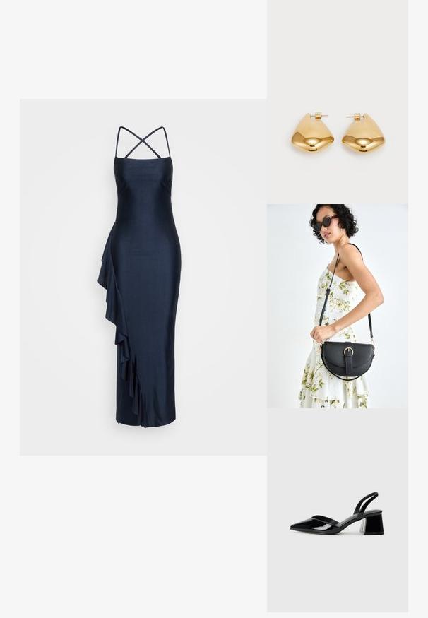 Jūrų pajūrio satino suknelė su plonomis kryžminėmis petnešėlėmis, asimetriška ruffles detalė šone, prigludęs siluetas ir kelio ilgio apdaila.; Juodos lakuotos odinės šlepetės su smailiu pirštu ir geometriniu bloko kulnu. Turi elegantišką, minimalistinį dizainą ir lygų paviršių.; Juodas odinis krepšys su išlenkta forma, nuimamu dirželiu ir auksiniais detalėmis. Krepšys turi kilpą su sagtimi.; Auksinės metalinės auskarai su lygia, suapvalinta trikampio forma ir užsegimu; blizgus paviršius su minimaliais dekoratyviniais elementais.