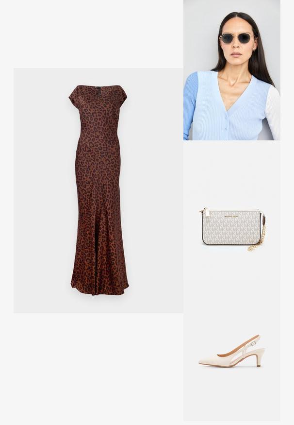 Leopardų rašto suknelė, pagaminta iš lygaus audinio, su prigludusia forma, valtis iškirpte ir platėjančiu apačiu. Spalvos: ruda ir juoda.; Balti slingback kulniukai su smailiu pirštu, lygia viršutine medžiaga, žemu blokuotu kulnu ir šoniniu išpjovimu su reguliuojamu sagtimi.; Apskriti saulės akiniai su tamsiais objektyvais ir auksiniais rėmeliais. Modelis vilki šviesiai mėlyną, raukinį kardiganą su mygtukais ir kontrastingomis baltomis rankovėmis.; Michael Kors rankinė smėlio spalvos dengto kanvoje su pakartotiniu MK logotipo raštu, auksinėmis detalėmis ir nuimamu grandininiu dirželiu.