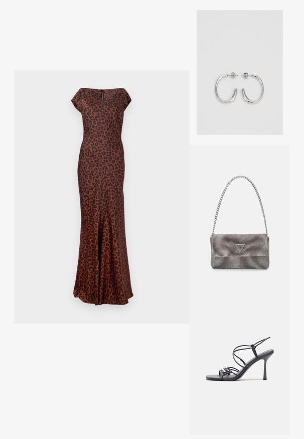 Vestido em padrão de leopardo feito de tecido suave, apresentando uma forma ajustada, gola barco e bainha larga. As cores incluem castanho e preto.; As sandálias de salto alto pretas apresentam tiras finas com um design em nó, uma biqueira quadrada lisa e um elegante salto agulha.; Bolsa metálica cinza claro com uma alça de corrente, adornada com pequenos rebites metálicos circulares e um logótipo triangular da marca.; Brincos de argola prateados com um acabamento suave e brilhante. Forma arredondada, design leve, com fecho de pino.