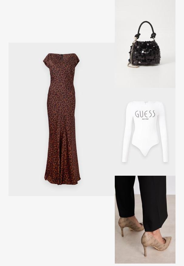 Haljina s uzorkom leoparda izrađena od glatkog materijala, s pripijenim krojem, brodskim izrezom i lepršavim rubom. Boje uključuju smeđu i crnu.; Bijela bodysuit s dugim rukavima i okruglim izrezom. Na prednjoj strani ispisani su "GUESS" logo i "EST.1981" u crnoj boji. Glatka tekstura.; Bež cipele s visokom petom izrađene od teksturiranog materijala s ponavljajućim uzorkom. Dizajn s oštrim vrhom s pozadinskim naglaskom i zlatnim detaljem na peti.; Crna mini torbica sa šljokicama, s čvorastim teksturiranim remenom i srebrnim lancem. Zaobljenog oblika s naboranim vrhom i reflektivnim detaljima.