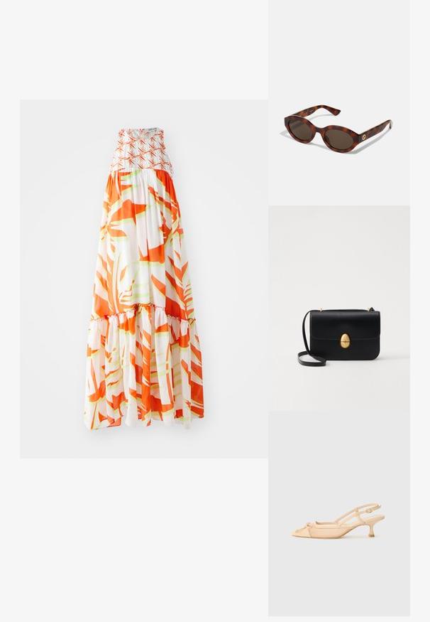Maxi suknelė su surauktu liemeniu, kuri pasižymi abstrakčiu oranžiniu ir žaliu raštu ant balto fono bei raukšlėtu apdailu.; Stuart Weitzman KITTY - Klasikiniai aukštakulniai - beige/barely beige; Kiaušinio lukšto saulės akiniai su apvaliais rėmeliais, tamsiais lęšiais ir auksiniu logotipu ant šventyklų. Lygus plastiko paviršius, jokie matomi raštai.; Juodas odinis rankinukas su struktūrine stačiakampio forma. Yra auksinė ovali sagtis ir plona petneša. Glotni tekstūra.
