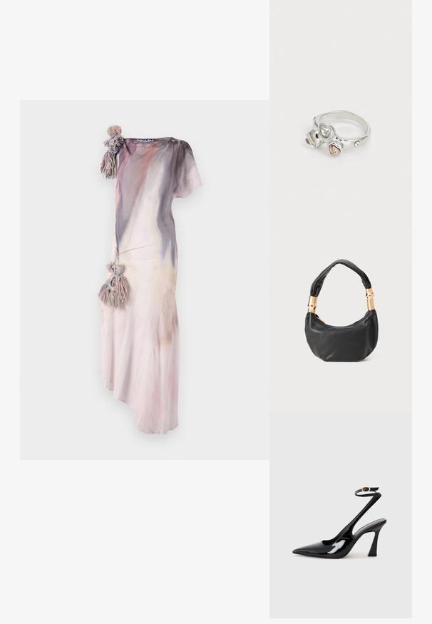 Hosszú, légies ruha lágy, pasztell színekben, vízfesték hatással. Díszes bojt található az egyik vállon, és könnyű, texturált anyagból készült.; Fekete lakk bőrből készült, slingback magas sarkú cipők, hegyes orral, állítható bokapánttal és mérsékelt tömbsarkal. Simább textúra, fényes felület.; Fekete bőr kézitáska kerek formával, puha textúrával és csomózott fogantyúval, aranyszínű fém díszítéssel. Cipzáras záródás.; Ezüst gyűrű, amely három különböző drágakővel díszített: egy tiszta kerek kő, egy kis rózsaszín kő és egy fazettált tiszta kő, sima, lekerekített szalaggal.