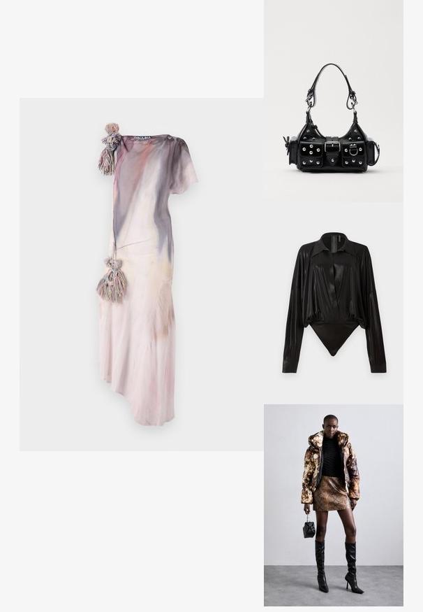 Rochie lungă, fluidă, în culori pastelate delicate, cu un efect de acuarelă. Prezintă o ciucure decorativ pe un umăr și un material ușor, texturat.; Body negru cu mâneci lungi, decolteu în V și o siluetă ajustată. Fabricat dintr-un material lucios și neted, cu guler structurat și manșete.; Jachetă puffer cu un model maro și negru, asortată cu o fustă mini din piele de șarpe maro, cizme negre până la genunchi și o geantă mică neagră.; Geantă de piele neagră cu un design curbat, dotată cu studuri argintii, o cataramă și două buzunare laterale. Curea ajustabilă pentru opțiuni de transport.