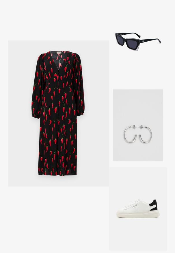 Črna obleka z vzorcem ponavljajočih se rdečih čili paprik, dolgimi napihnjenimi rokavi, V-izrezom in gumbnimi detajli spredaj.; Bele usnjene športne copate z debelim belim podplatom, črnimi semišnimi detajli na peti in utisnjenim logotipom na strani. Zavezovanje s šestimi luknjicami.; Črne prevelike sončne očala geometrijske oblike, z temnimi lečami in kontrastno sivo podrobnostjo na okvirju. Logo na ročaju.; Srebrne obročaste uhane z gladko, sijočo površino. Zaobljena oblika, lahka zasnova, z zapiranjem na zatič.