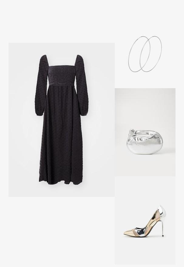 Czarna sukienka z długim rękawem i kwadratowym dekoltem, z teksturowanej tkaniny oraz haftowanymi detalami na górze. Swobodny krój.; Czółenka na wysokim obcasie z wąskim noskiem w kolorze srebrnym, złotym i nude. Lśniące wykończenie z wycięciami, z obcasem w stylu stiletto.; Srebrna metaliczna torba worek o miękkim, zaokrąglonym kształcie i zawiązywanym z góry zapięciem. Wykonana z gładkiego materiału imitującego skórę.; Srebrne kolczyki w formie obręczy o minimalistycznym designie. Okrągły kształt, gładka faktura i cienki profil. Lekkie, z polerowanym wykończeniem.