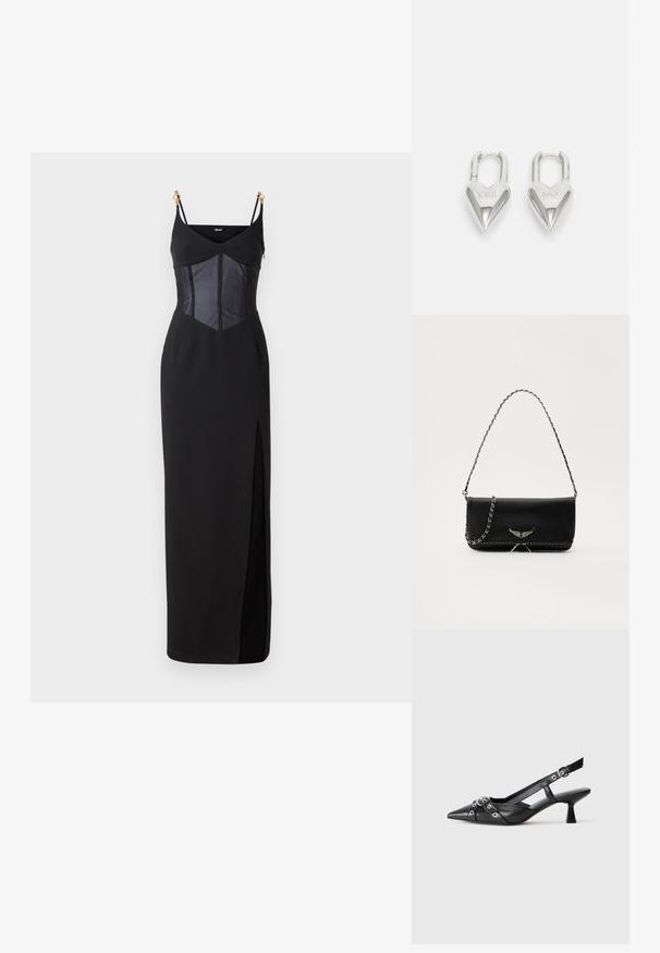Svart kvällsklänning med en figurnära bodice med genomskinliga paneler, tunna axelremmar och en sidoslits för extra stilpoäng. Slät textur överlag.; Svart lädersko med slingback-design, spetsig tå, dekorativa remmar med metallöglor och en låg klack. Texturerad yta.; Svart läderhandväska med en silverkedja, prydd med dekorativa vingdetaljer och vit sömnad längs den nedre sömmen.; Silverfärgade hartsformade hänglås med ingraverade "JA" och "NEJ"-texter, polerad yta, symmetrisk design och en robust metallklolukning.