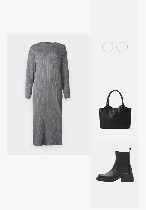 Γκρίζο πλεκτό φόρεμα με ραβδώσεις, ελεύθερη εφαρμογή, μακριά μανίκια, στρογγυλή λαιμόκοψη και μήκος μέχρι τη μέση του μόσχου. Διαθέτει κάθετη υφή σε όλο το ύφασμα.; Μαύρα δερμάτινα μποτάκια με ελαστικές πλευρικές πάνελ, στρογγυλή μύτη και chunky τετράγωνη φτέρνα. Λείος υφές με μινιμαλιστικό σχέδιο.; Μαύρη δερμάτινη τσάντα tote με λείο υφή, δομημένο σχήμα, δύο λαβές και επιφανές ασημένιο κούμπωμα μπροστά.; Ασημένια σκουλαρίκια κρίκοι με κομψό, στρογγυλό σχέδιο, που διαθέτουν λεία επιφάνεια και χωρίς ορατά διακοσμητικά στοιχεία. Η διάμετρος δεν αναφέρεται.