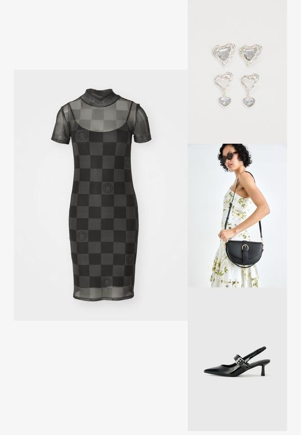 Läbipaistev must võrkkleit lühikeste varrukatega, kõrge kaelusega ja ruudumustriga, millel on ringikujulised aksendid. Keha kallistav siluett.; Mustad patenteeritud nahast sildiga kontsad, millel on terav nina ja väike plokk-konts, mille rihmal on hõbedane pandla aksessuaar.; Mustmust mustraha kõverate joontega, eemaldatava rihmaga ja kuldsete detailidega. Kotil on klapp, millel on pandladetail.; Hõbedased südamekujulised kõrvarõngad on kaunistatud lõhikute ja selgete kividega ning neil on tekstureeritud raam. Komplekti kuuluvad kõrvarõngad nupud ja rippuvad mudelid.