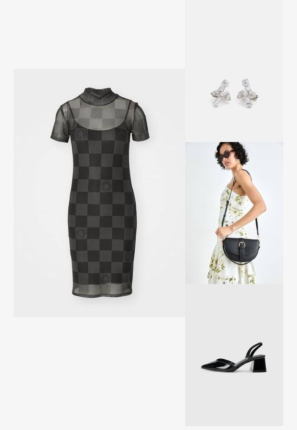 Skaidrus juodas tinklelis su trumpomis rankovėmis, aukštu kaklu ir šachmatų lentos raštu, kuriame yra apvalūs akcentai. Prigludusi siluetas.; Juodos lakuotos odinės šlepetės su smailiu pirštu ir geometriniu bloko kulnu. Turi elegantišką, minimalistinį dizainą ir lygų paviršių.; Juodas odinis krepšys su išlenkta forma, nuimamu dirželiu ir auksiniais detalėmis. Krepšys turi kilpą su sagtimi.; Sidabriniai auskarai su skaidriais, žėrinčiais akmenimis įvairiomis formomis, įskaitant apvalias ir marquizines, išdėstyti gėlės dizainu.