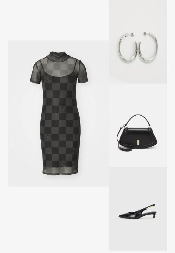 Läbipaistev must võrkkleit lühikeste varrukatega, kõrge kaelusega ja ruudumustriga, millel on ringikujulised aksendid. Keha kallistav siluett.; Mustad nahast slingback kontsad terava ninaga, millel on õhuke konts ja kuldse tooni aktsent reguleeritaval rihmal. Sile tekstuur.; Must mustrist käekott, millel on struktureeritud disain, lühendatud kuju, ülemine käepide ja kuldne metallist detail. Reguleeritav õlalihm on kaasas.; Hõbe rõngas kõrvarõngad, millel on sujuv ja kõver kuju. Omab läikivat metallist viimistlust ja nupuga sulgemist. Pole nähtavaid mustreid ega aksessuaare.